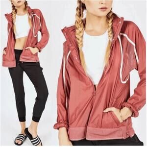 Free People June Mesh Windbreaker M Jacket Hooded Full Zip Rose Pink Athleisure